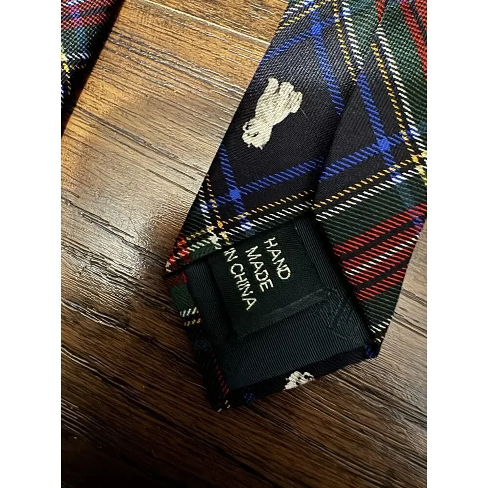 Lauren Ralph Lauren Tie Mens Red Green Plaid Scottie Dog Silk Hand Made Preppy